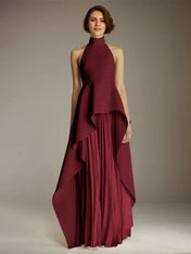 White Sleeveless High Neck Chiffon Long Formal Dress With Ruffles