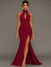 Mermaid Halter Neck Satin Formal Dress with Slit