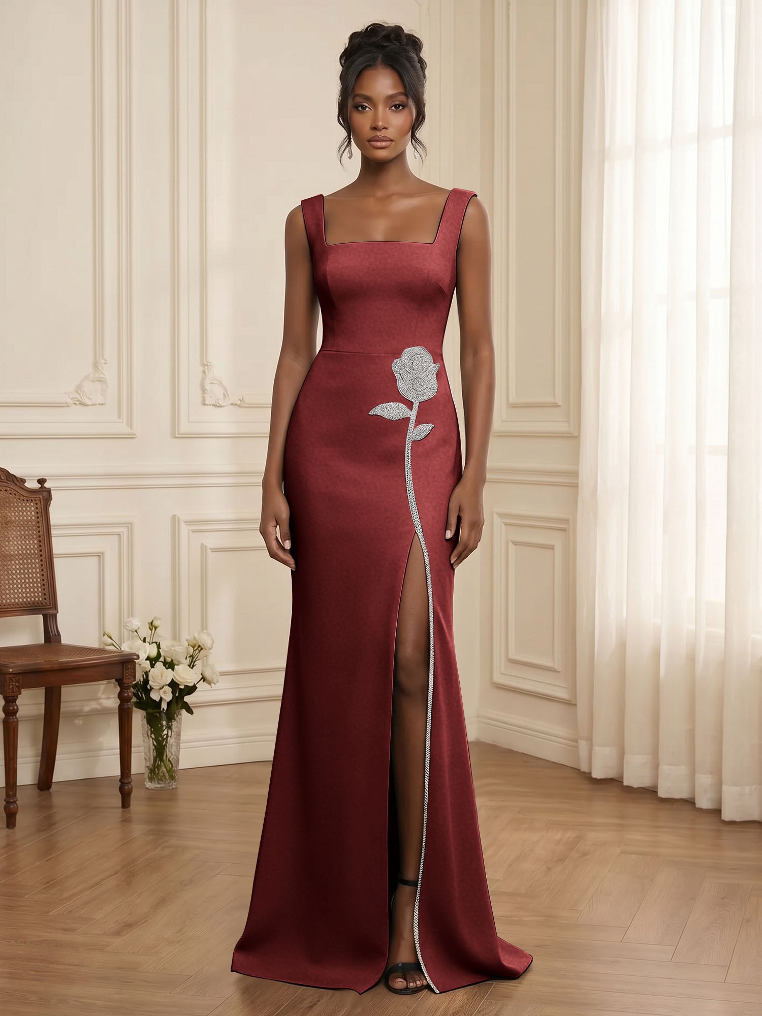 Formal Evening Dress Glamorous Black Square-Neck Crystal Rose Slit Gown