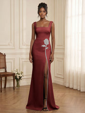 Formal Evening Dress Glamorous Black Square-Neck Crystal Rose Slit Gown