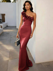 Navy Blue 3D Floral Classic One Shoulder Sleeveless Mermaid Gown Dress