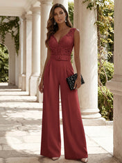 Women Pink Lace Deep V Neck Sleeveless Dressy Jumpsuit