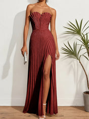 Pleated Classic Strapless Sleeveless A-Line Maxi Dress