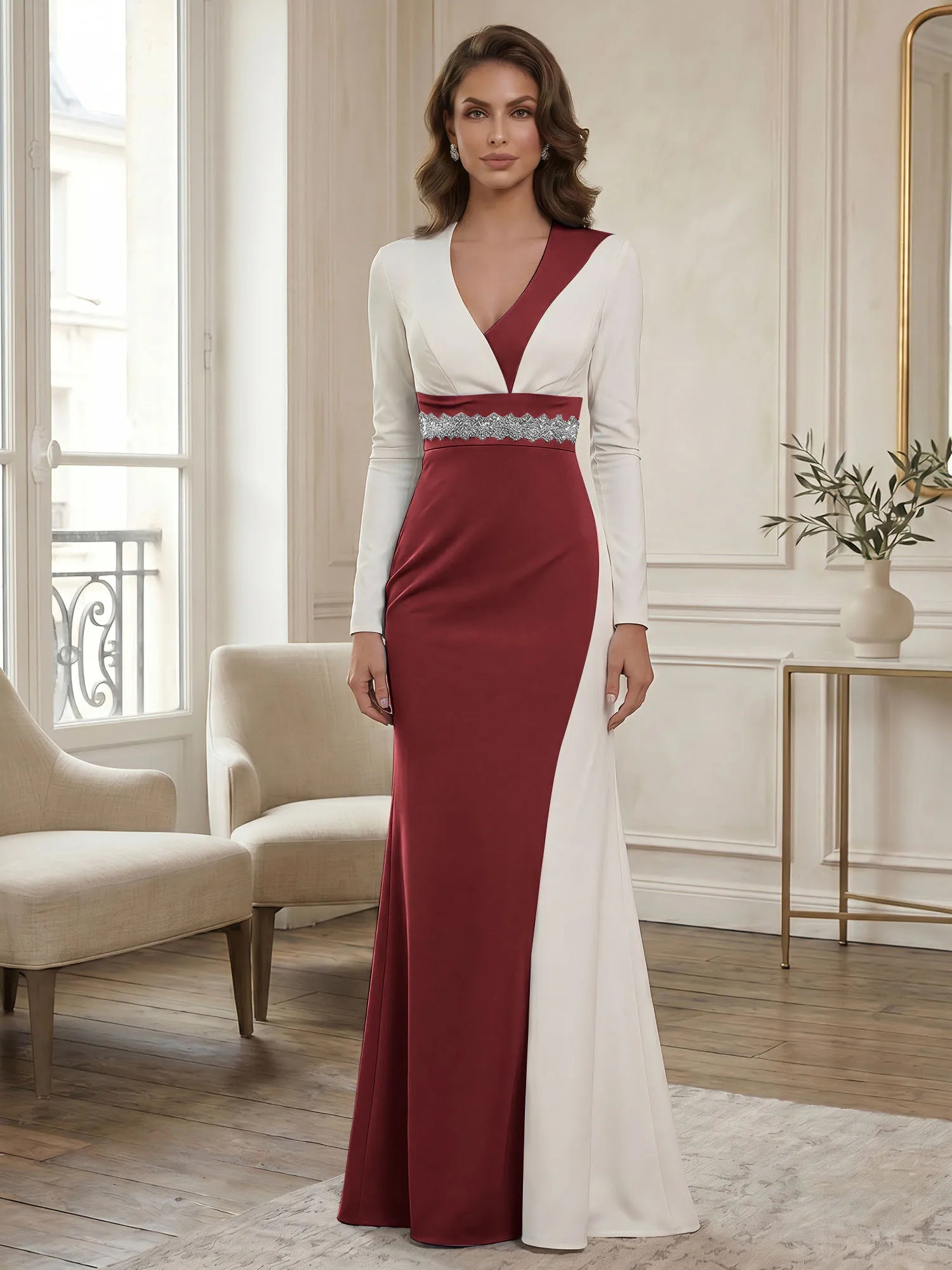 Elegant Navy & White Color-Block Long Sleeve Floor-Length Evening Gown Formal Dresses