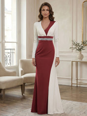 Elegant Navy & White Color-Block Long Sleeve Floor-Length Evening Gown Formal Dresses