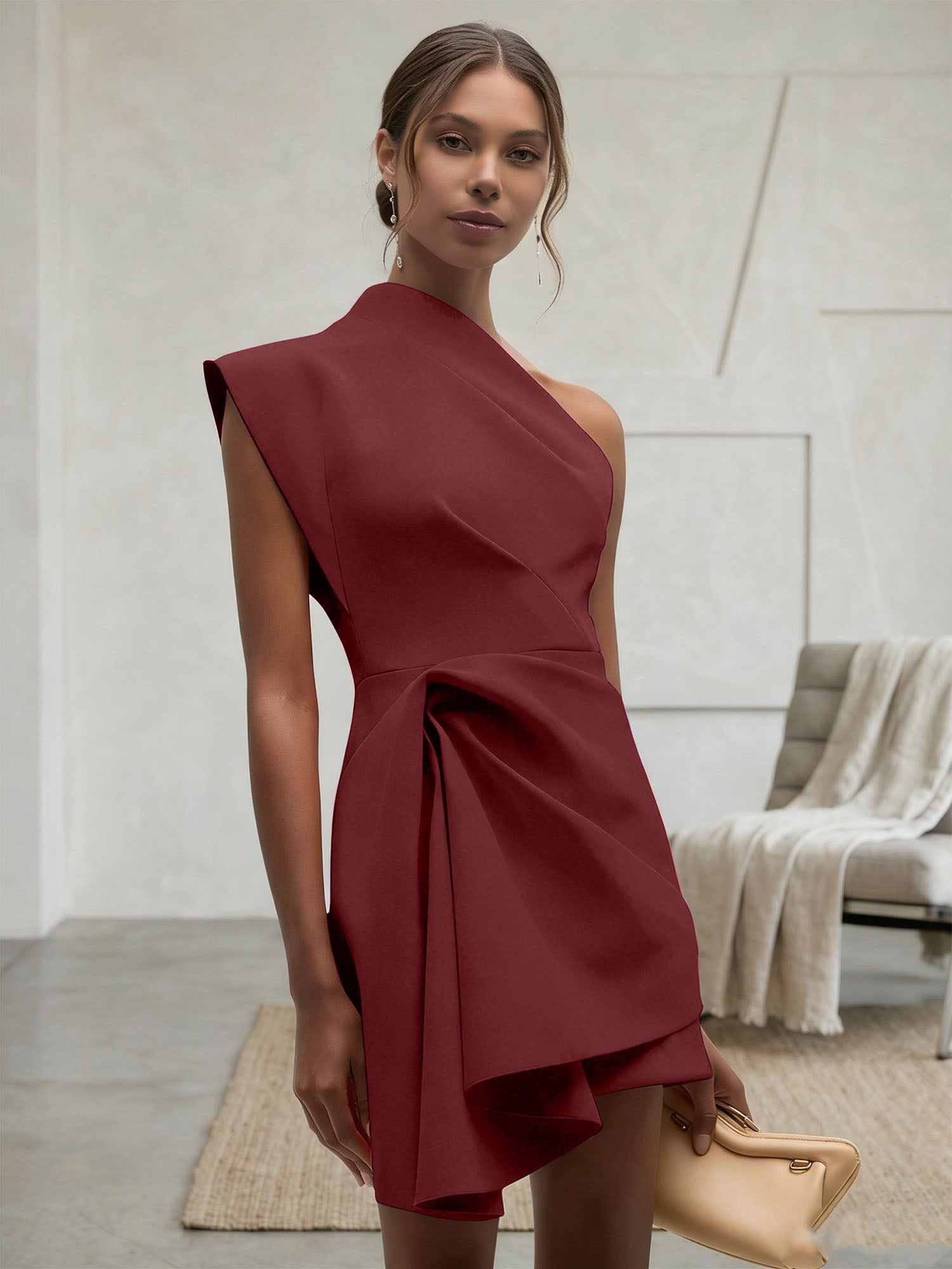 Purplish blue Ruched One Shoulder Sleeveless A-line Mini Homecoming Dress