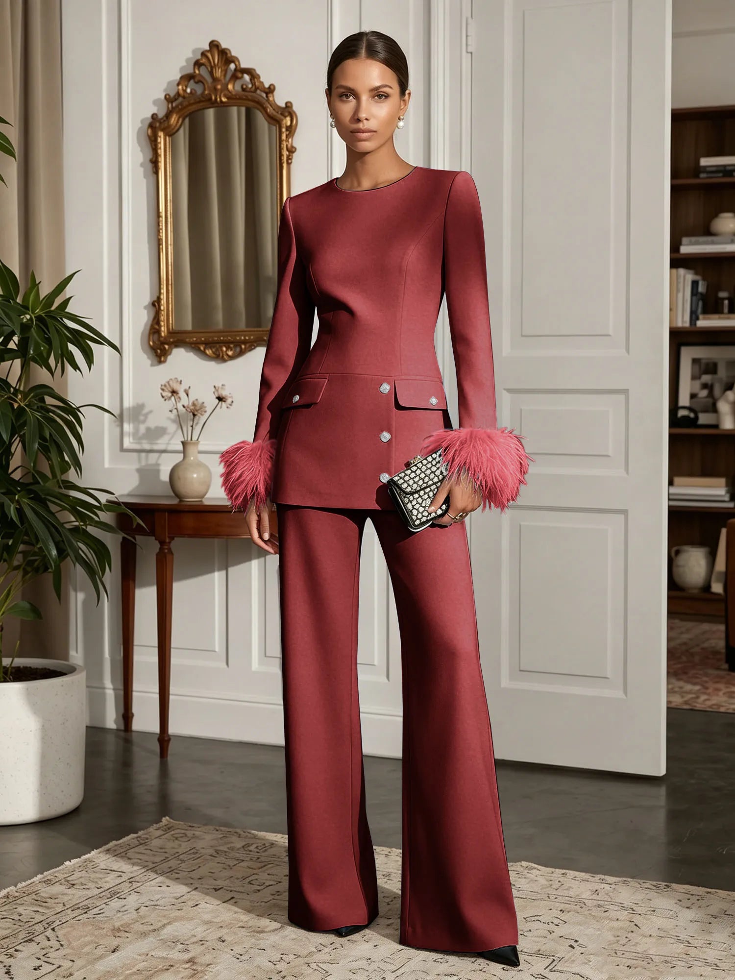 Women's White Two-Piece Set: Buckle Detail Feather-Trimmed Top & Straight-Leg Pants