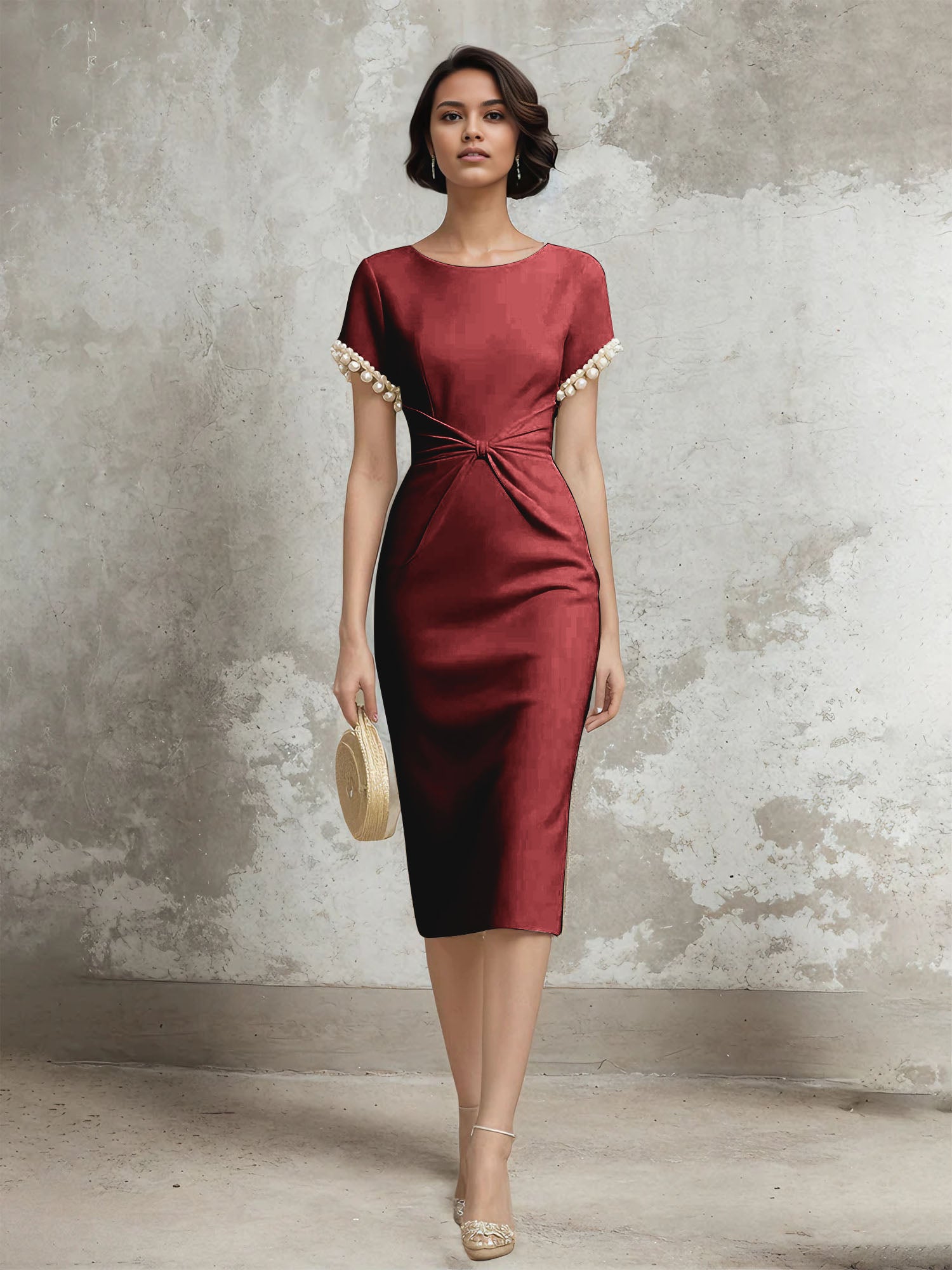 Column Short Sleeve Tea Length Dress With Pearls