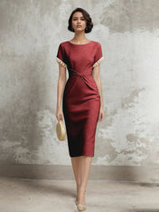 White Stretch Crepe Sheath/Column Short Sleeve Tea Length Dress With Pearls