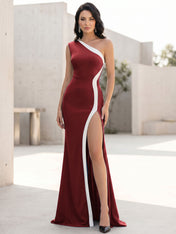 Elegant Black One-Shoulder Contrast Trim High-Slit Evening Gown