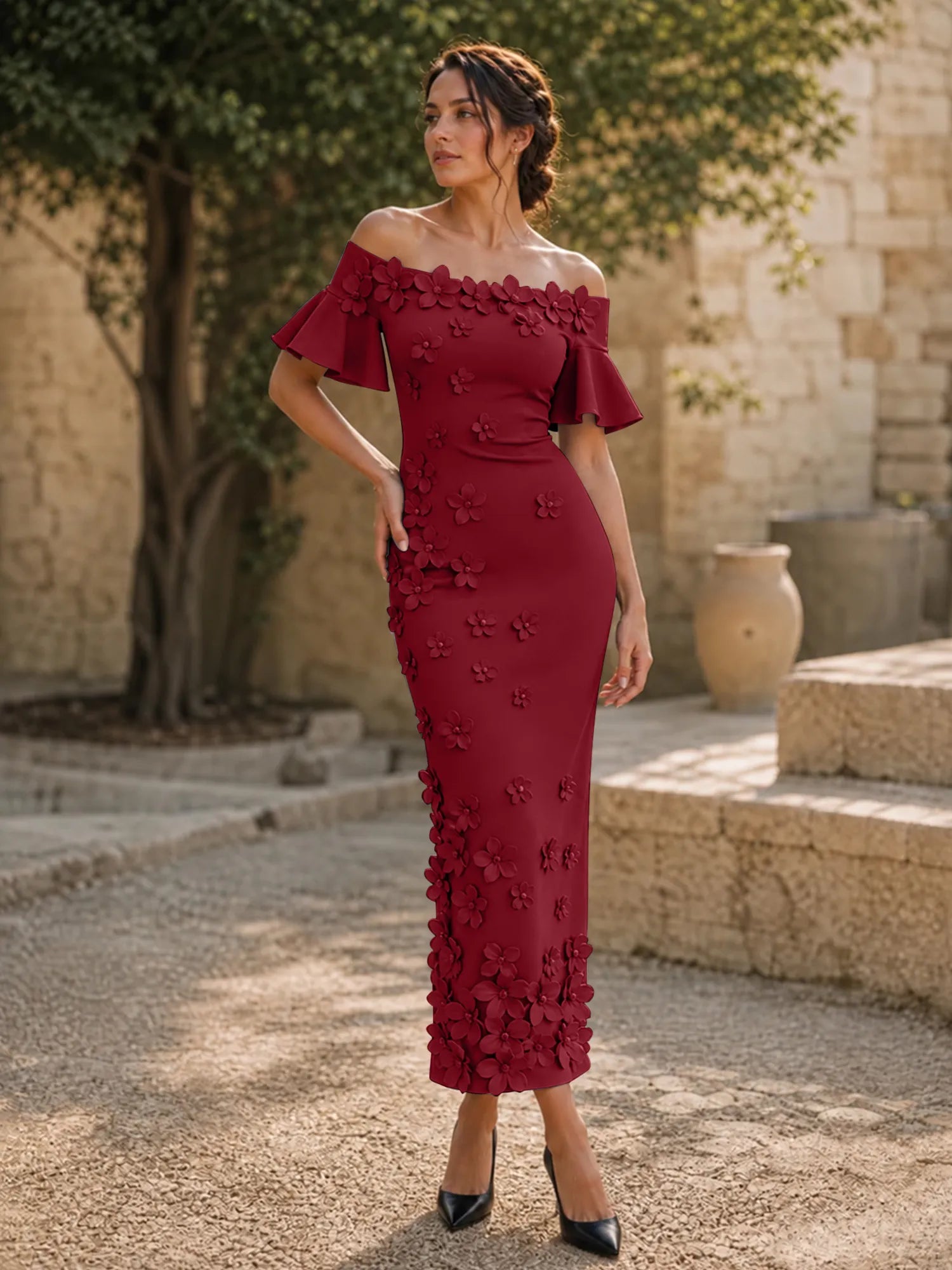 Black 3D Floral Off-The-Shoulder Ankle-Length Gown Dress
