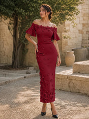 Black 3D Floral Off-The-Shoulder Ankle-Length Gown Dress