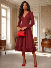 Formal Evening Gown Crimson 3D Rose Hem A-Line Midi Dress