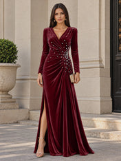 V-Neck Pearl Ruched Burgundy Velvet Floor-Length Evening Dresses with Long Sleeves