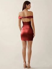 Off-The-Shoulder Ruched Satin Mini Homecoming Dress