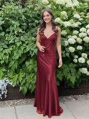 Blue A Line V-neck Beaded Back Tie Long Prom Dress