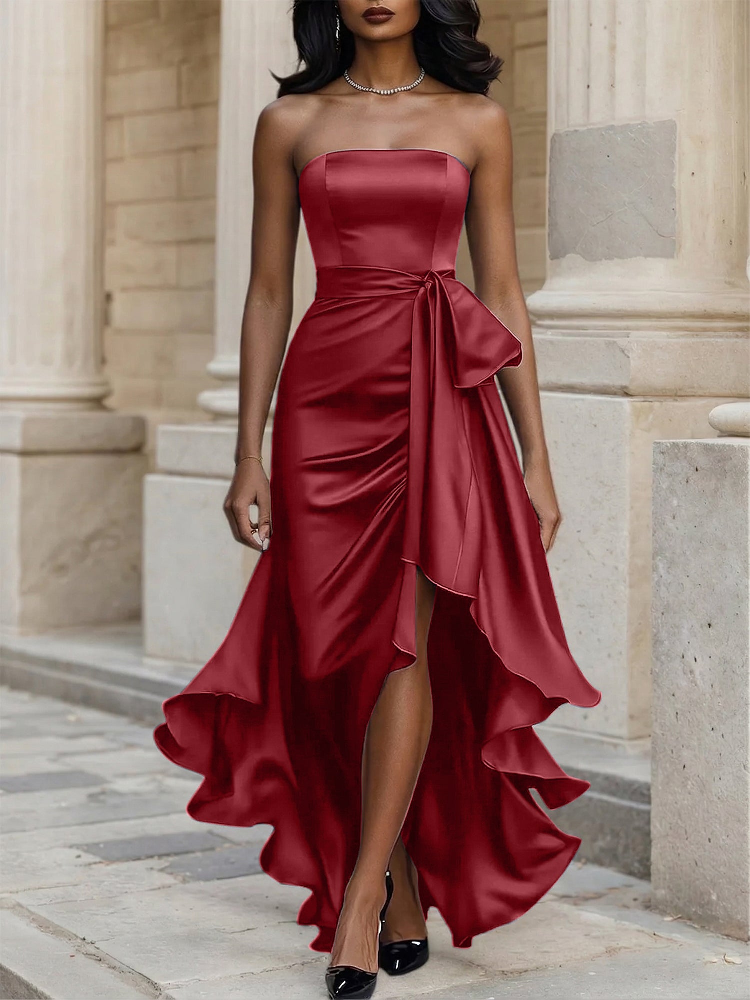 Glamorous Formal Dress Midnight Navy Strapless Satin Gown Midi Dress