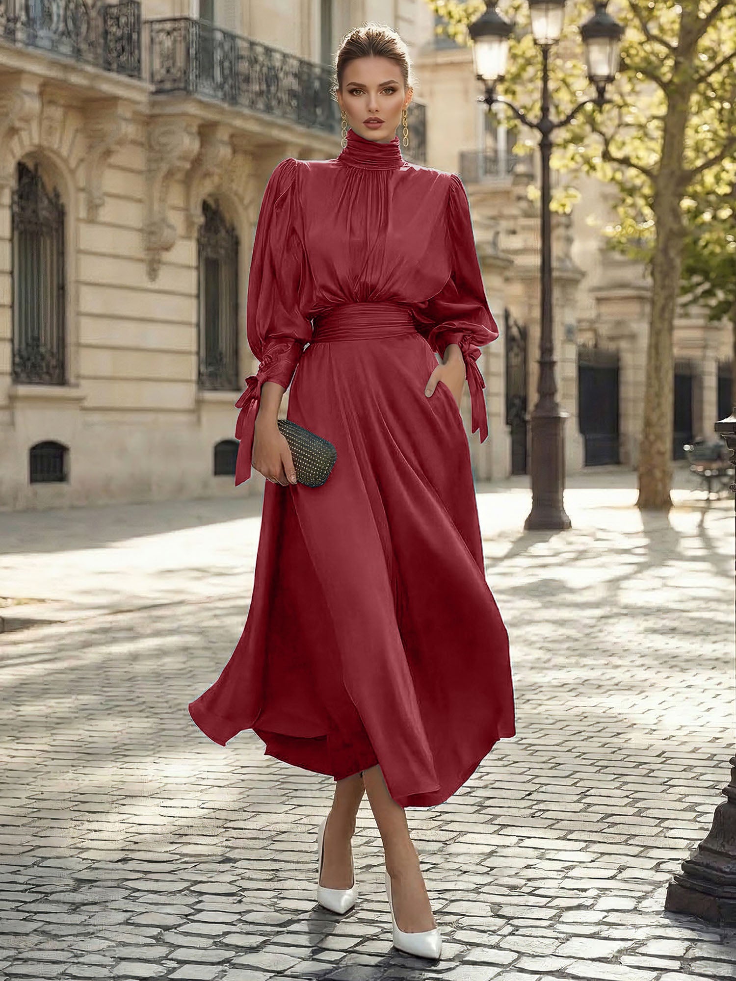 Sophisticated Emerald Green Satin High-Neck Midi Dress Gown