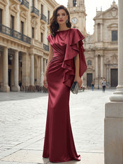 Elegant Formal Evening Dress Moonlight Silver Asymmetrical Ruffle Satin Gown