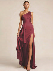 Sleek Foraml Evening Gown Midnight Navy One-Shoulder Satin Slit Maxi Dress