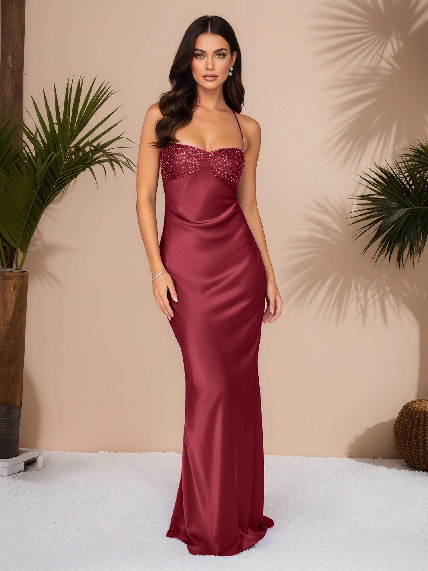 Spaghetti Straps Lace Up Satin Long Prom Dress