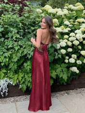 Blue A Line V-neck Beaded Back Tie Long Prom Dress