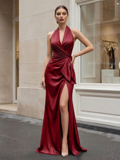 Navy Blue Halter V-Neck Satin Gown with Side Knot and High Slit Evening Dress