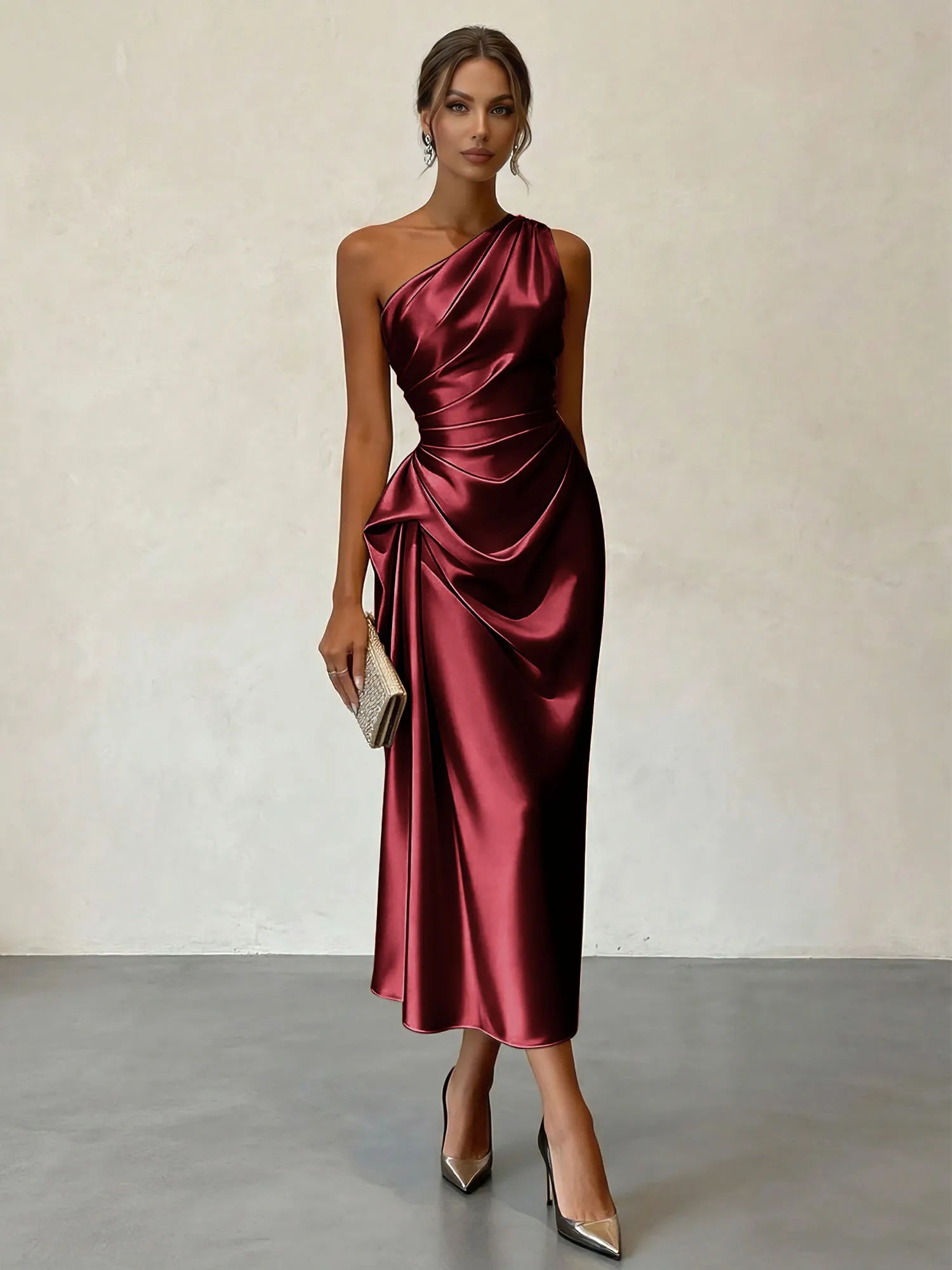 Champagne Ruched Satin One Shoulder Sleeveless Sheath Midi Dress