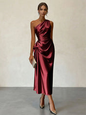 Champagne Ruched Satin One Shoulder Sleeveless Sheath Midi Dress