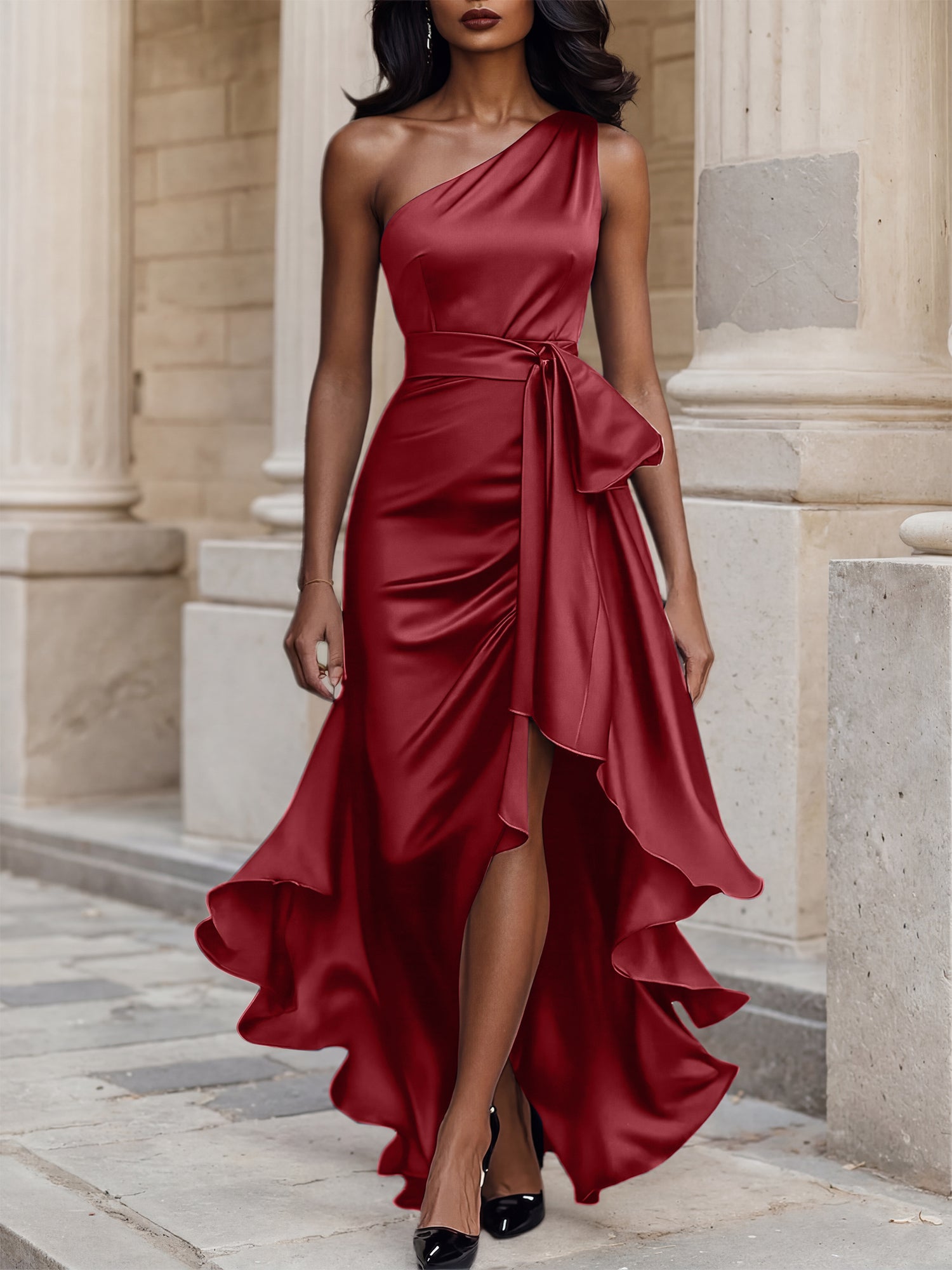 Glamorous Formal Dress Midnight Navy One Shoulder High-Low Satin Gown Midi Dress