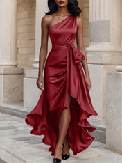 Glamorous Formal Dress Midnight Navy One Shoulder High-Low Satin Gown Midi Dress