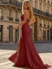 Yellow Beaded Halter Corset Prom Dress with High Slit