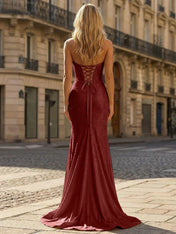 Yellow Beaded Halter Corset Prom Dress with High Slit