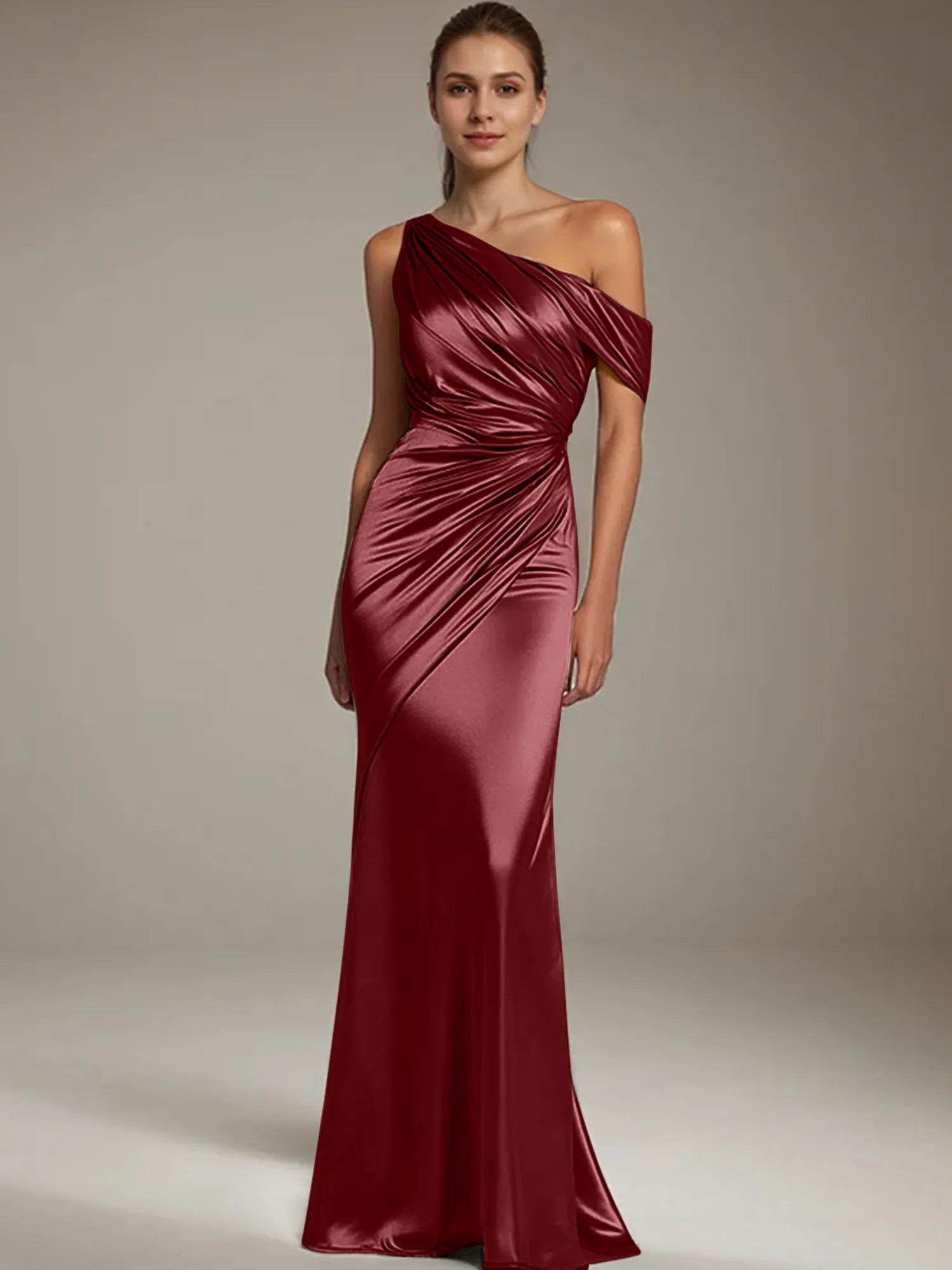 Formal Party Satin Dress Silver One-Shoulder Pleated  Floor-Length Dress