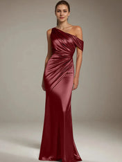 Formal Party Satin Dress Silver One-Shoulder Pleated  Floor-Length Dress