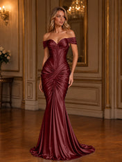 Burgundy Off-The-Shoulder Ruched Mermaid Floor-Length Gown Dress