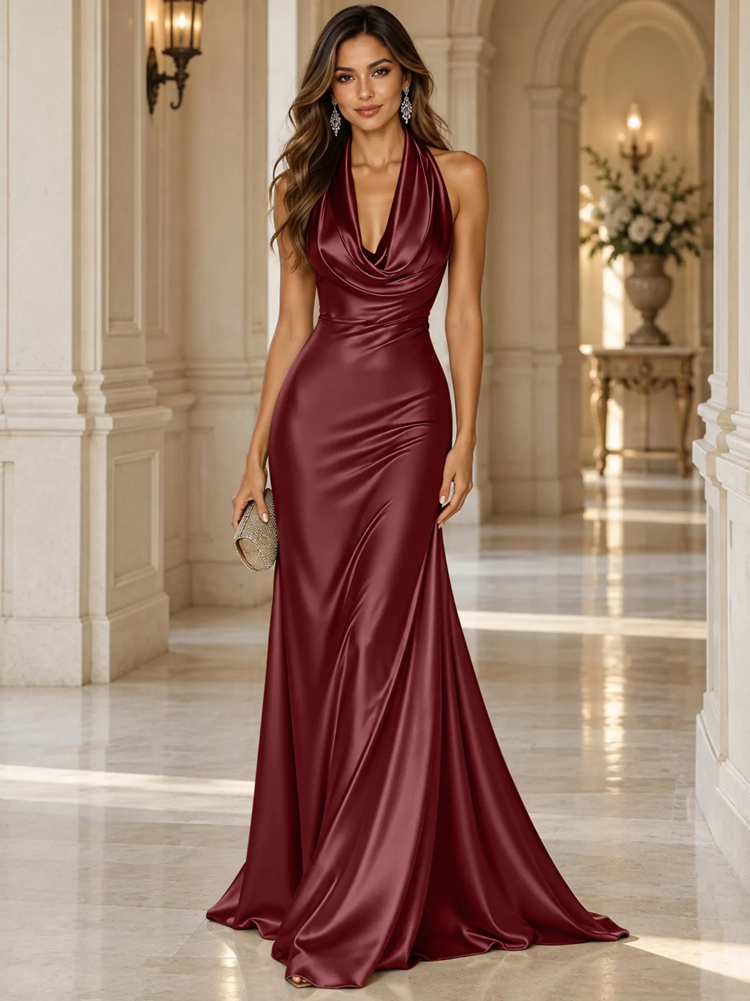 Elegant and Luxurious Cowl-neck Champagne Gold Satin Maxi Dress