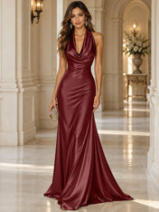 Elegant and Luxurious Cowl-neck Champagne Gold Satin Maxi Dress