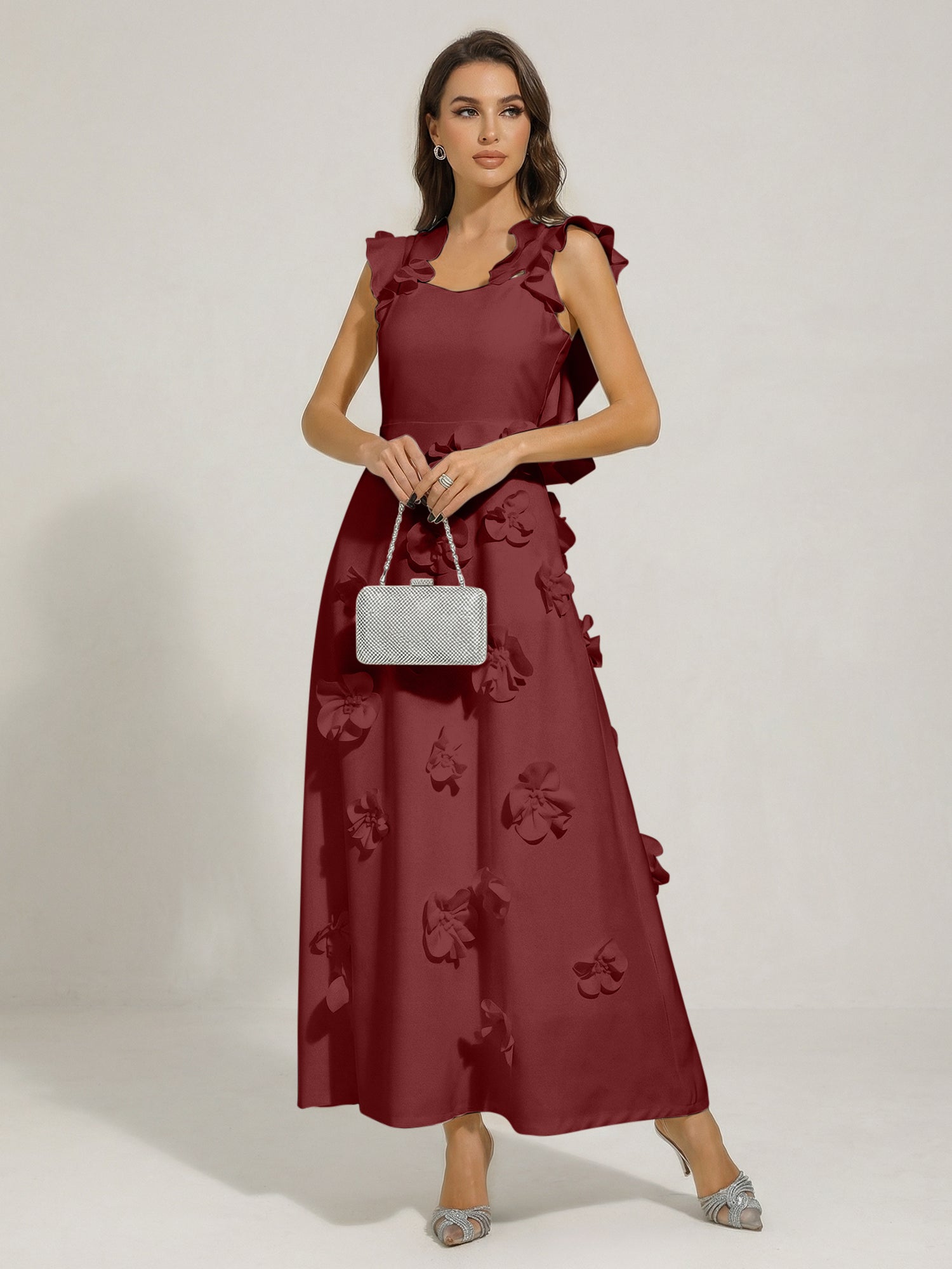 Chic White 3D Flowers A-Line Floor Length Stretch Crepe Dress with Pockets Maxi Dress