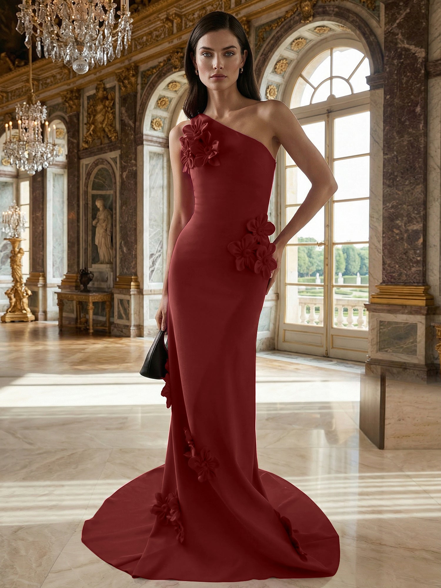 A Line One Shoulder Sleeveless Floor Length Stretch Crepe Dress With 3D Flowers