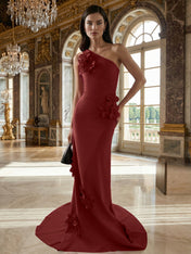 A Line One Shoulder Sleeveless Floor Length Stretch Crepe Dress With 3D Flowers