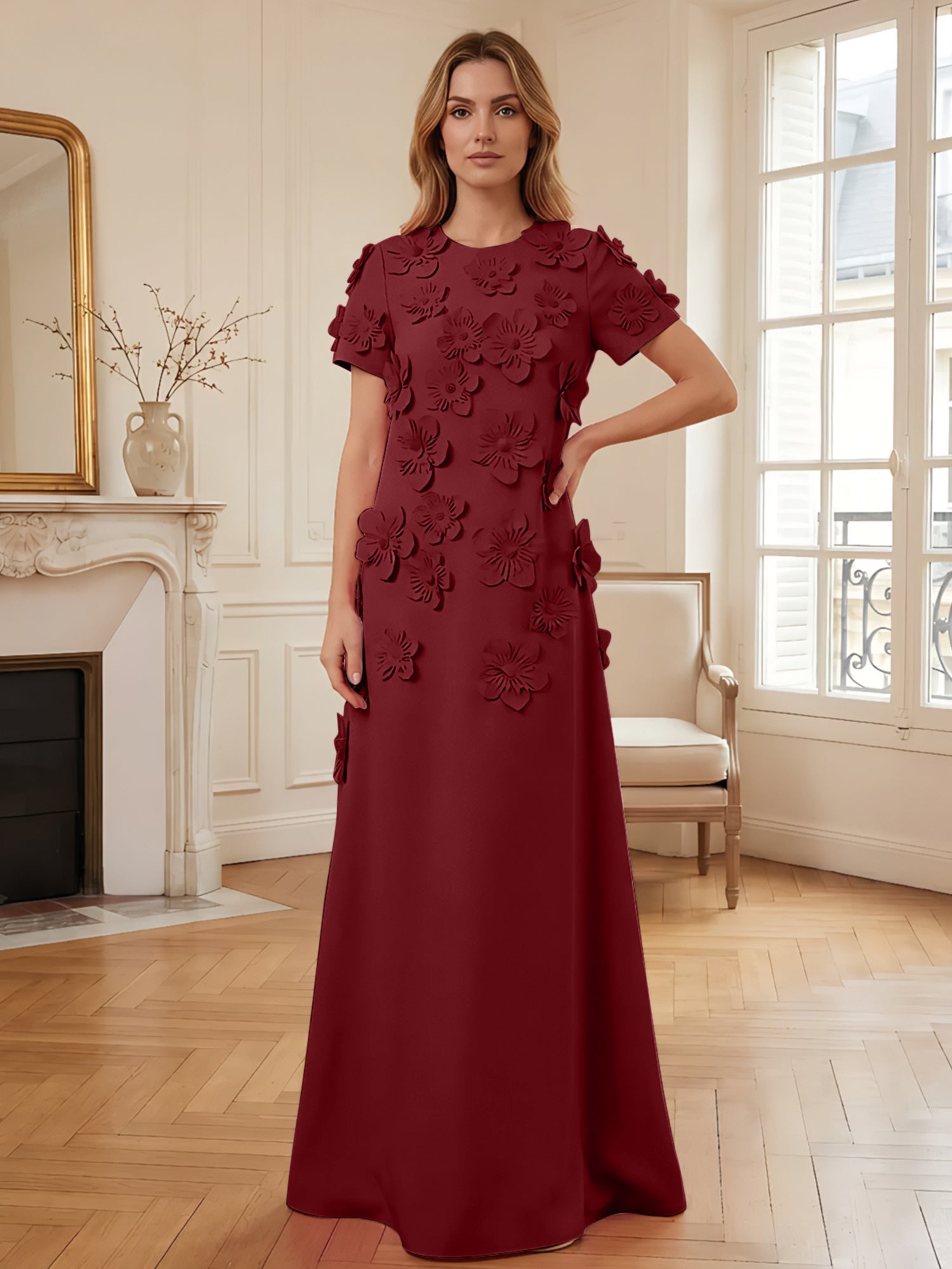Short Sleeve Crew Neck A-Line Gown with 3D Floral Appliques Evening Dresses