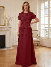 Short Sleeve Crew Neck A-Line Gown with 3D Floral Appliques Evening Dresses