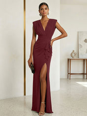 Commanding Formal Evening Dress Emerald Green Plunging V-Neck Slit Gown