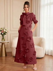 Pink Short Sleeve 3D Floral Maxi Dress Gown