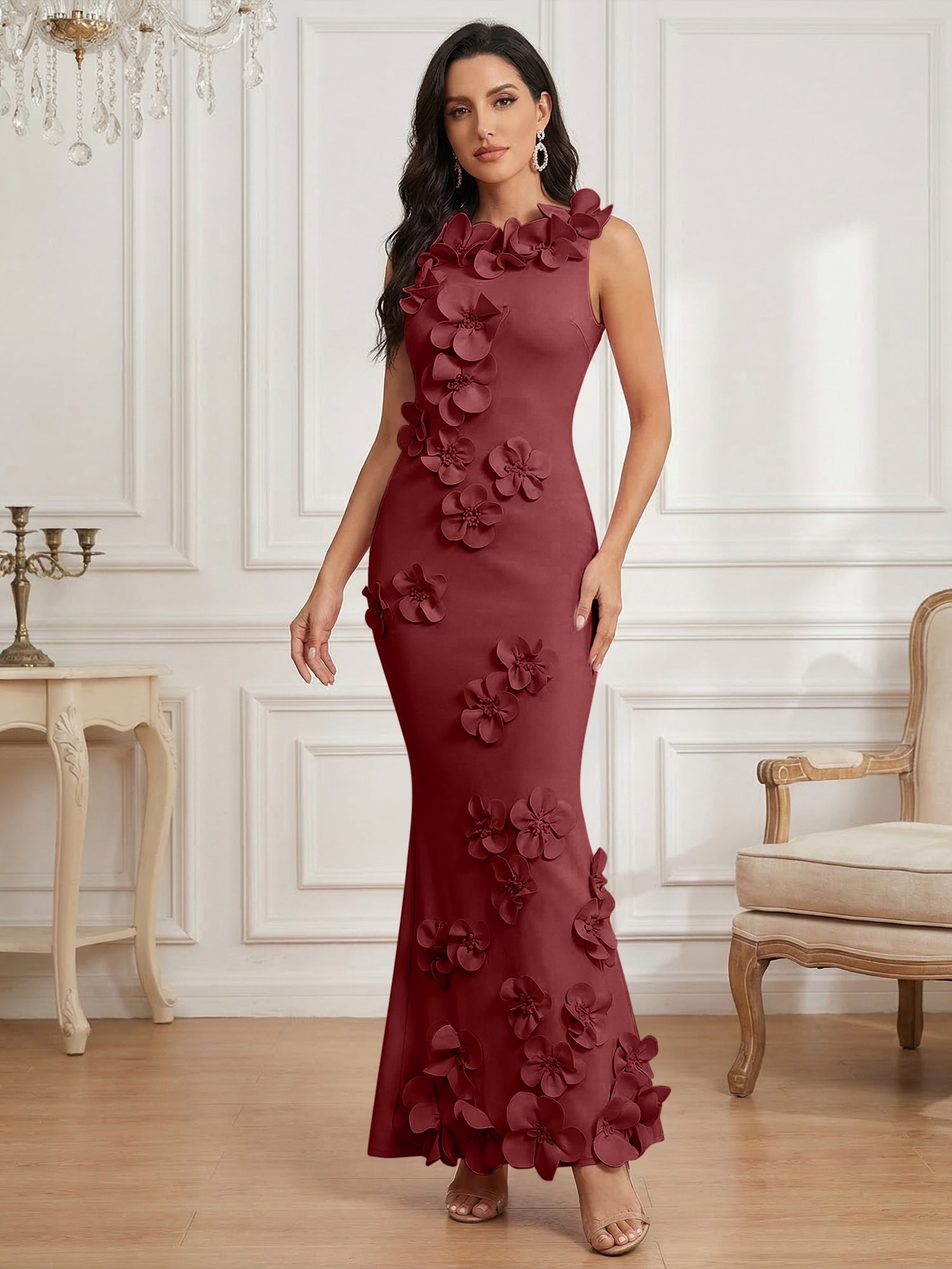Romantic Pink Sleeveless 3D Floral Mermaid Gown