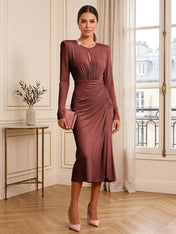 Dusty Rose Long Sleeve Ruched Midi Dress Formal Evening Gown