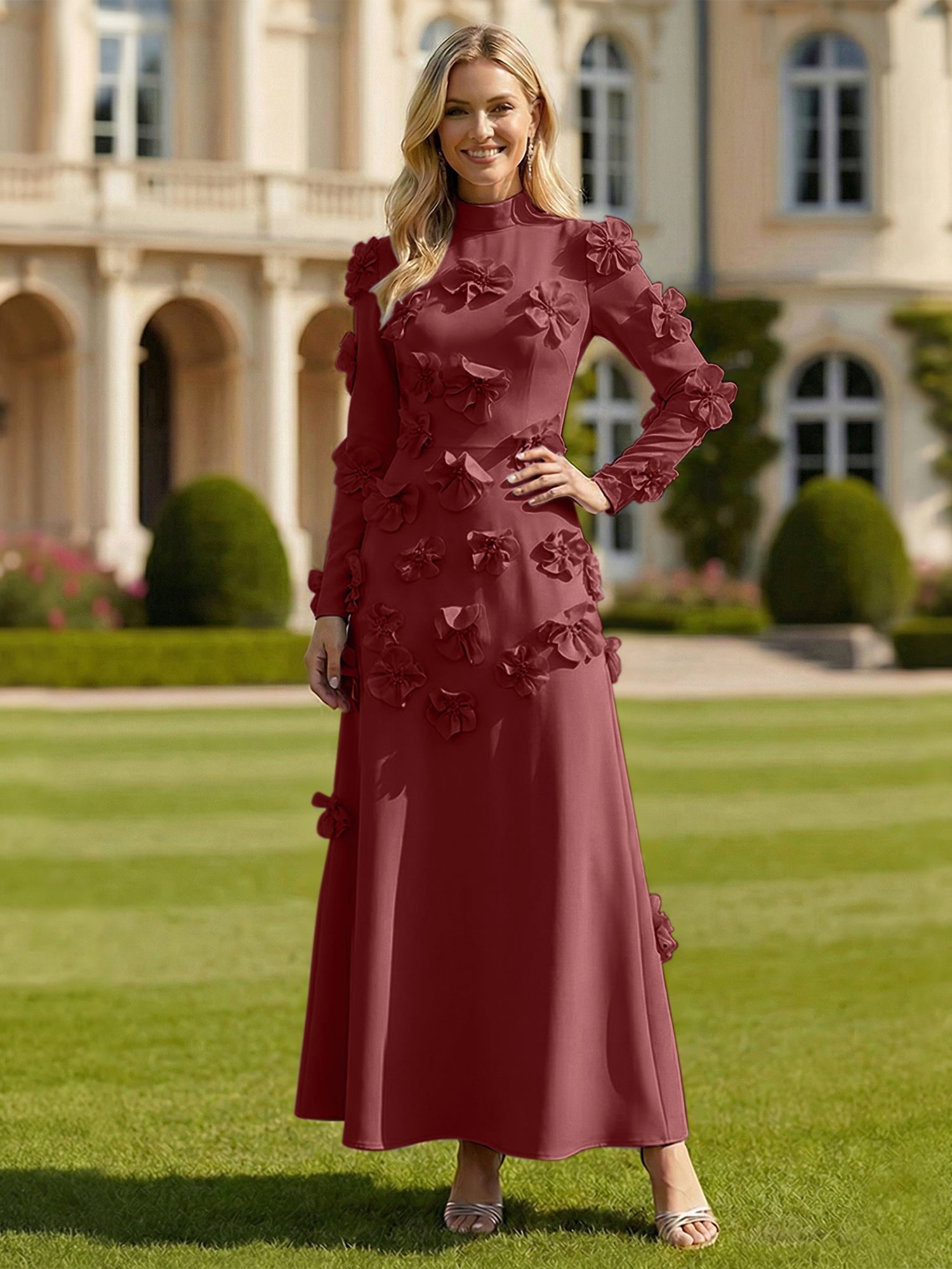 A Line High Neck Long Sleeves Stretch Crepe Dress With 3D Flowers