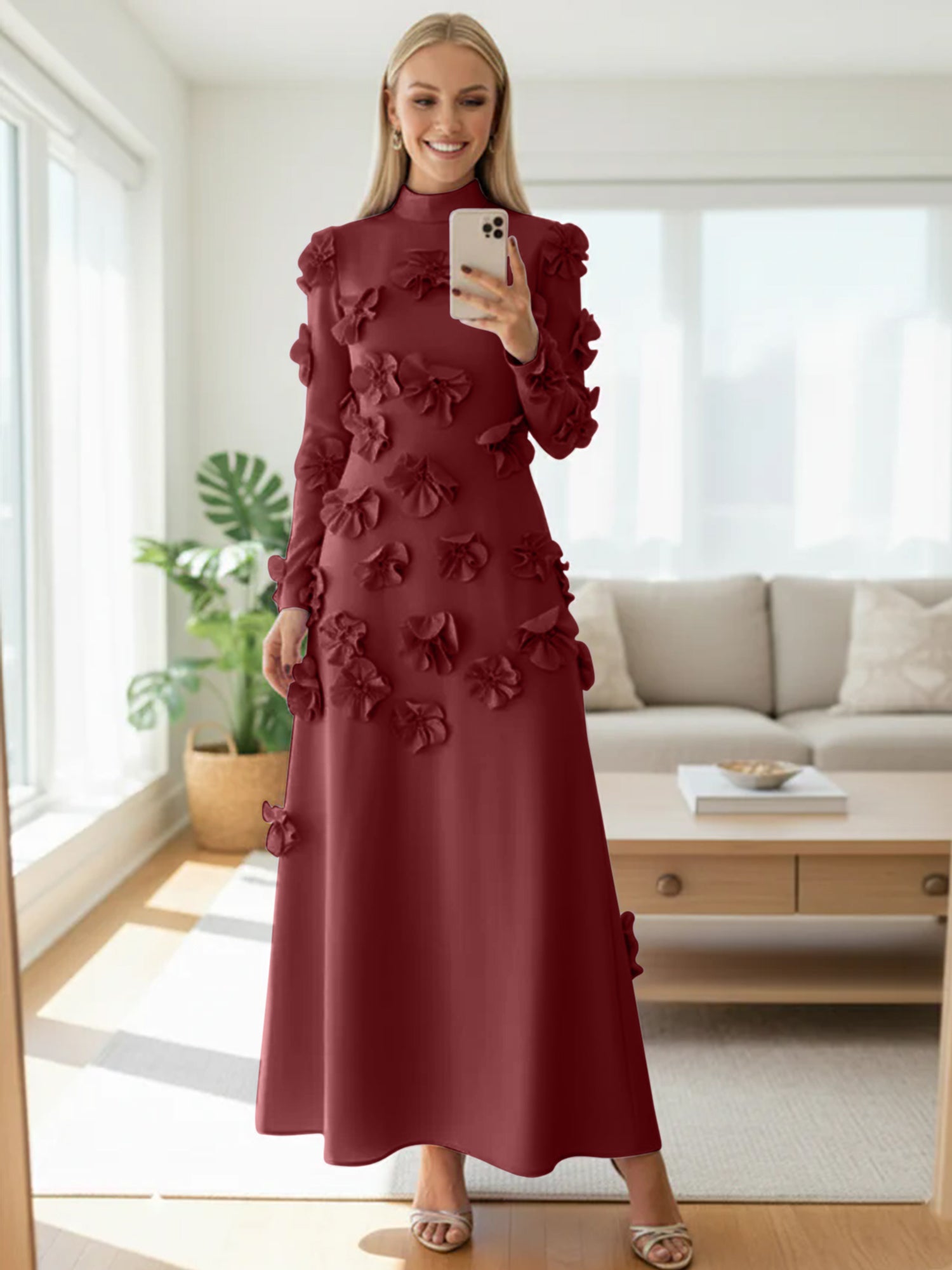 A Line High Neck Long Sleeves Floor Length Stretch Crepe Dress With 3D Flowers