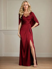 Sheath/Column Satin Scoop Neck Cap Sleeves Floor Length Mother Of The Bride Dresses